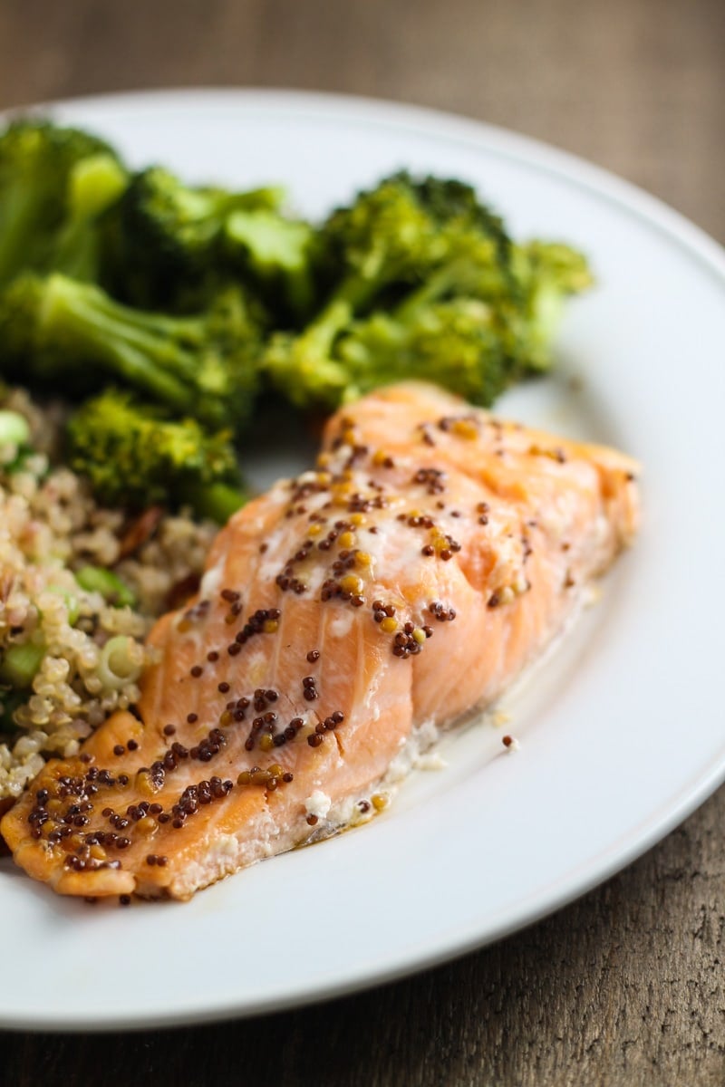 Baked salmon glazed with maple syrup and whole-grain mustard.