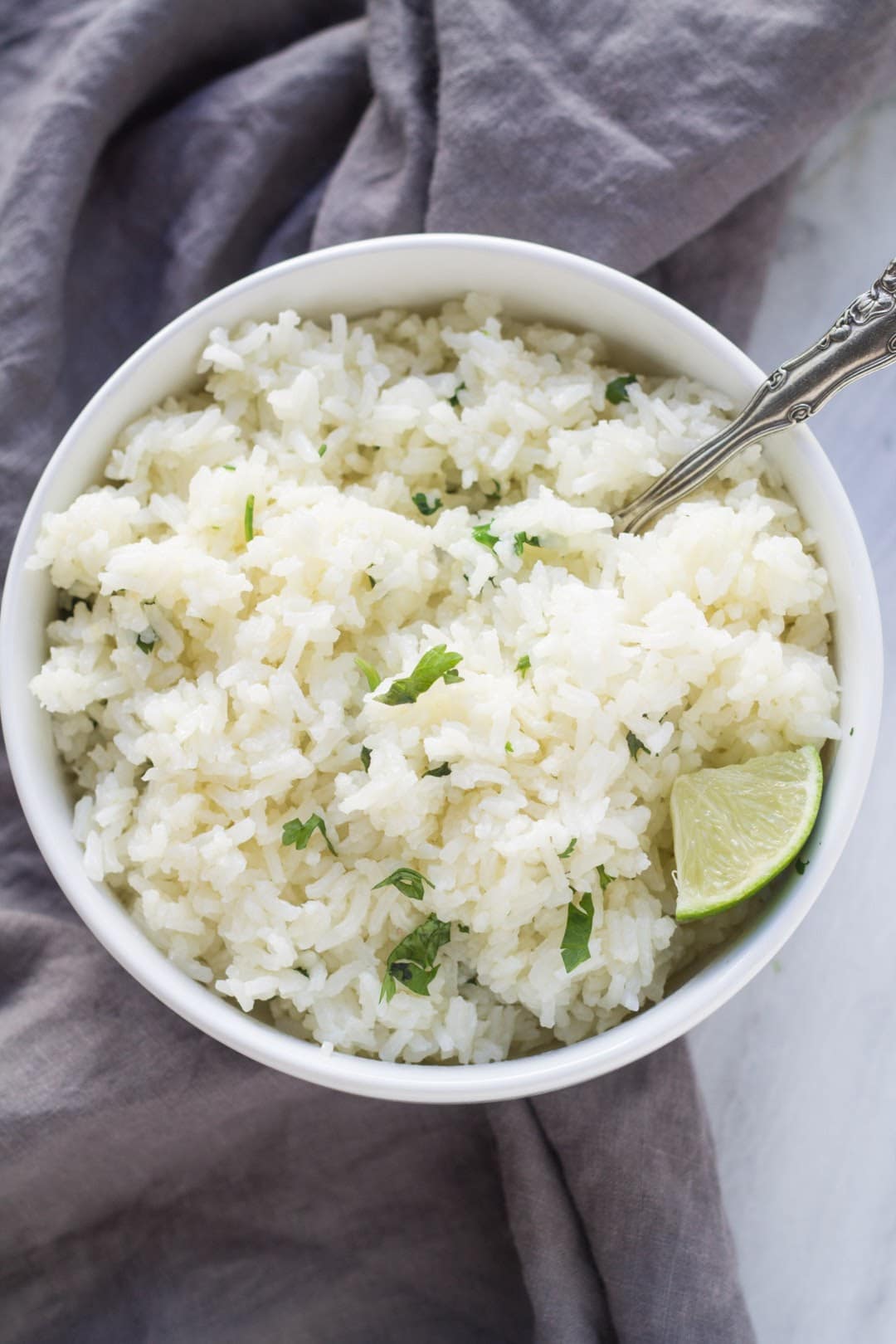 Overhead vertical shot of bowl filled with low FODMAP cilantro lime rice