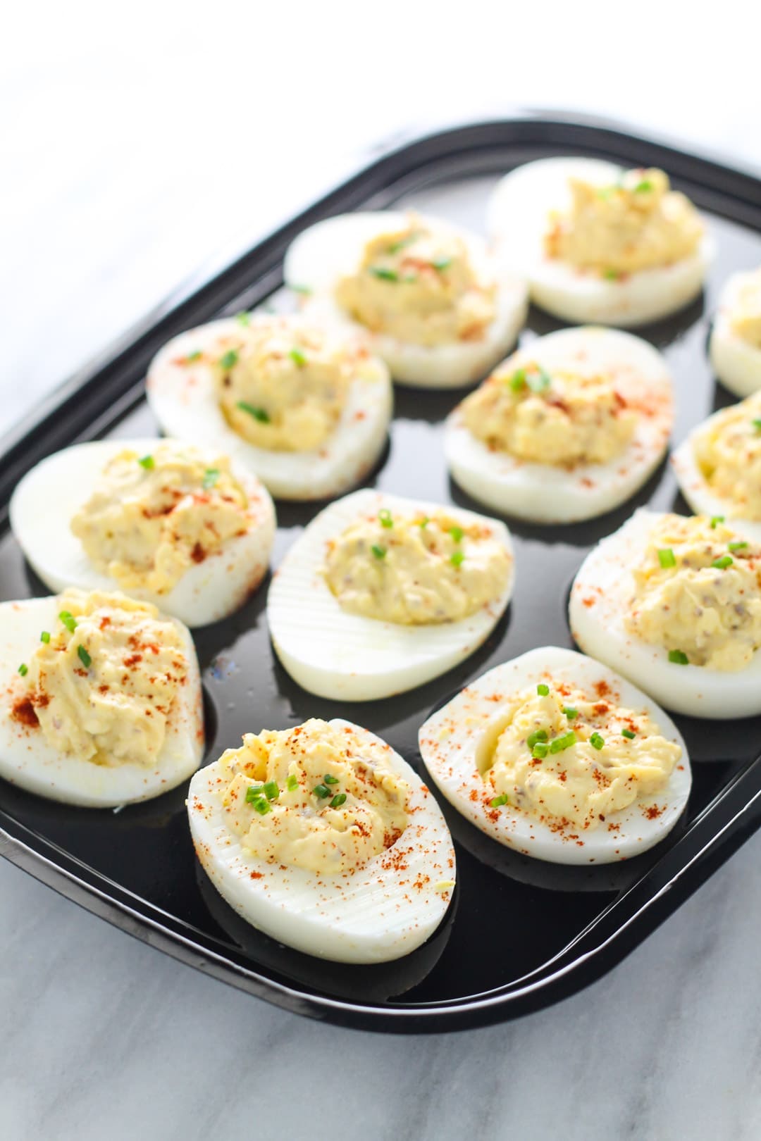 Low FODMAP deviled eggs with chives 