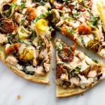 Vertical shot of low FODMAP bruschetta pizza with chicken