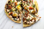 Vertical shot of low FODMAP bruschetta pizza with chicken