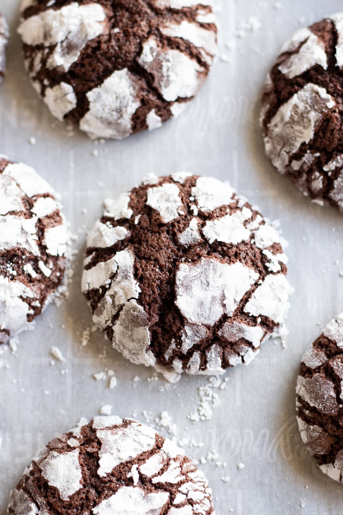 Cocoa crinkle cookies on a piece of parchment paper.