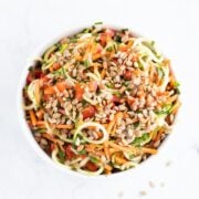 Overhead shot of a white bowl sitting on a white marble slab. The bowl is filled with low FODMAP Asian Zoodle Salad. There are random sunflower kernels artistically scattered around the bowl.