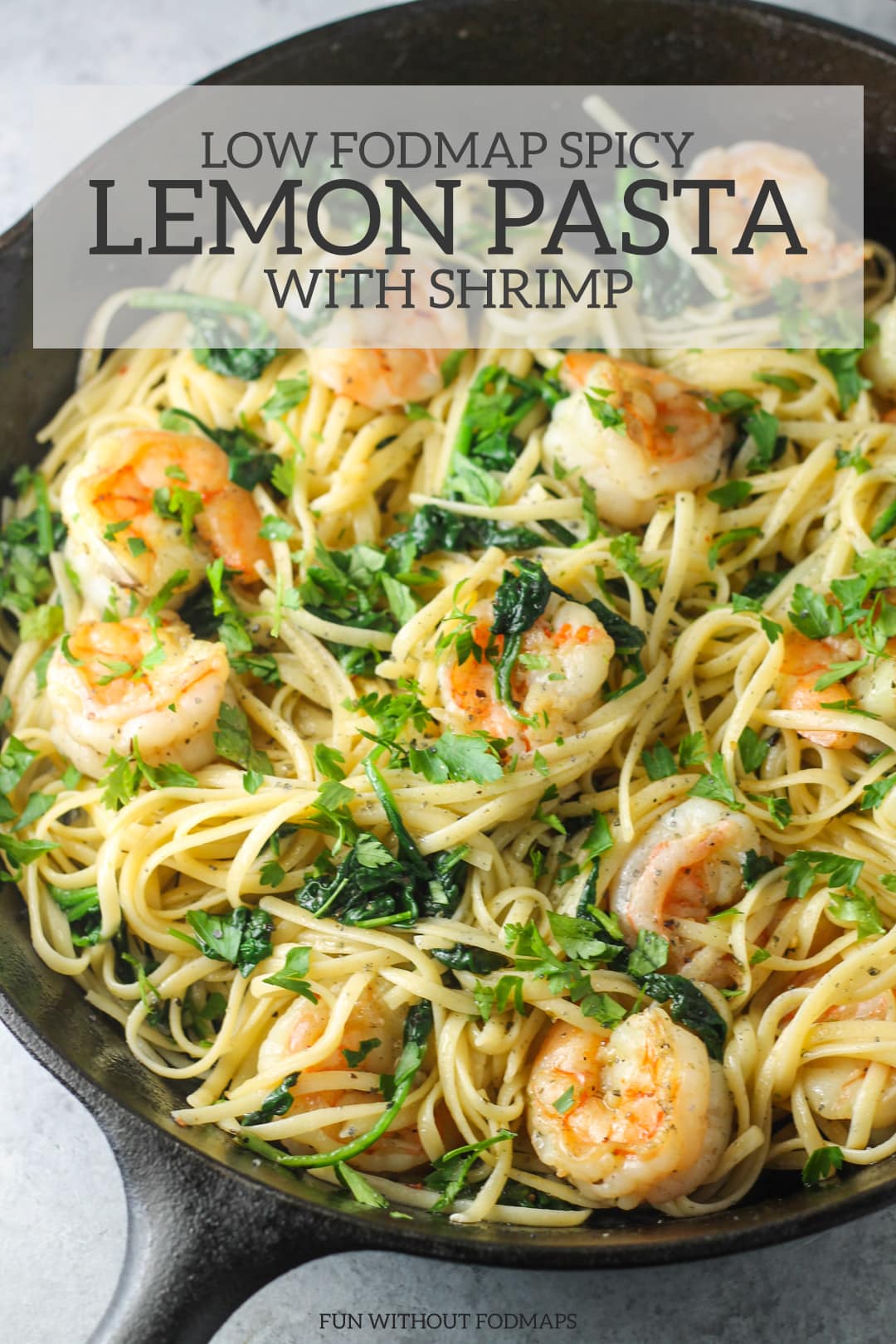 Close up of Low FODMAP Spicy Lemon Pasta with Shrimp in a cast-iron skillet