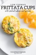 Two egg muffins on a plate with mandarin orange segments. A black text overlay reads “Low FODMAP Frittata Cups with Smoked Salmon and Spinach"