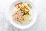 Overhead centered shot of low FODMAP cilantro lime chicken with rice and salsa