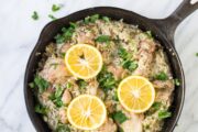 Overhead shot of low FODMAP lemon chicken and rice