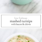 Two images of low FODMAP mashed turnips with bacon