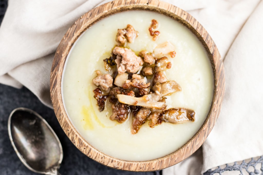 Low FODMAP Parsnip Soup with Crispy Pork and Oyster Mushrooms Fun