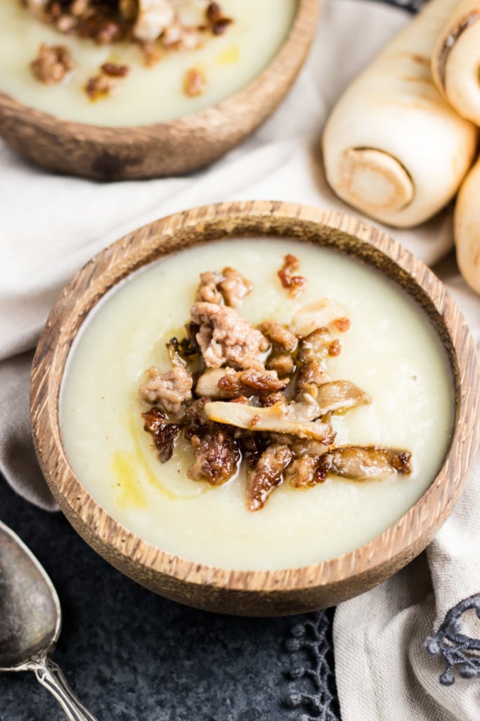Low FODMAP Parsnip Soup with Crispy Pork and Oyster Mushrooms Fun