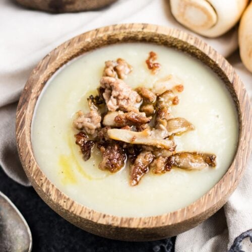 Low FODMAP Parsnip Soup with Crispy Pork and Oyster Mushrooms Fun Without FODMAPs