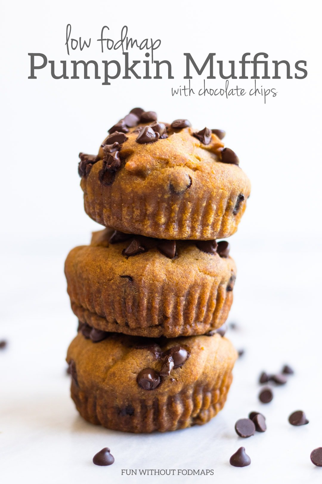 A stack of three low FODMAP pumpkin muffins surrounded by mini chocolate chips. Dark gray text reads "Low FODMAP Pumpkin Muffins with Chocolate Chips" on the white background. 