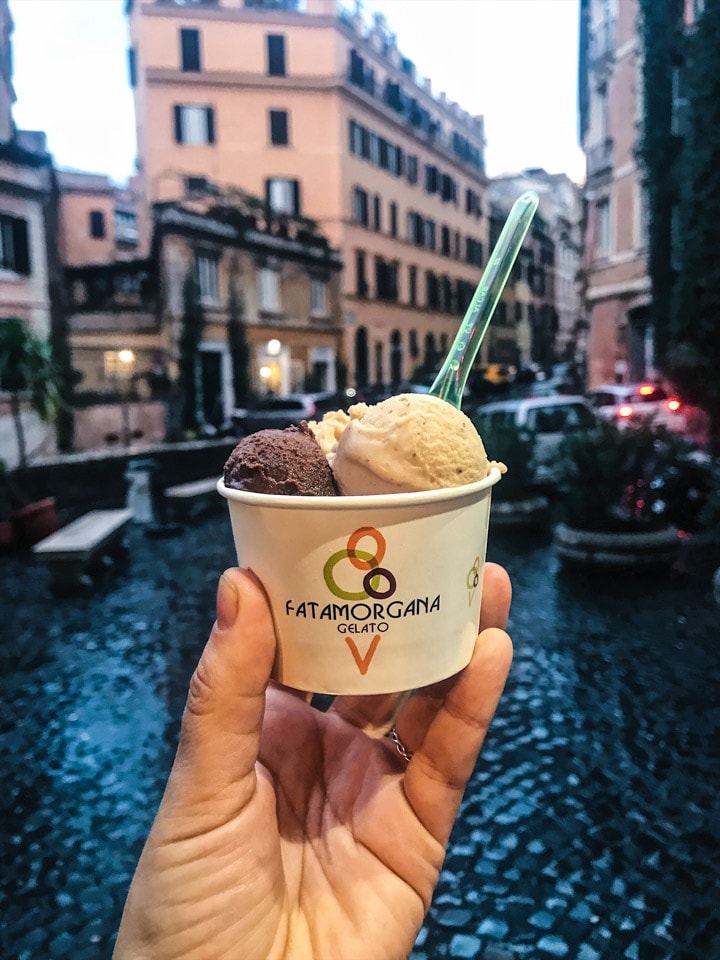 Roasted chesnut and dark chocolate hazelnut sorbetto from Fatamorgana Monti in Rome Italy