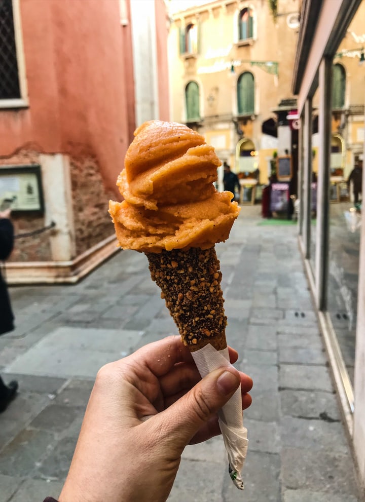 Persimmon sorbetto from Grom in Venice Italy