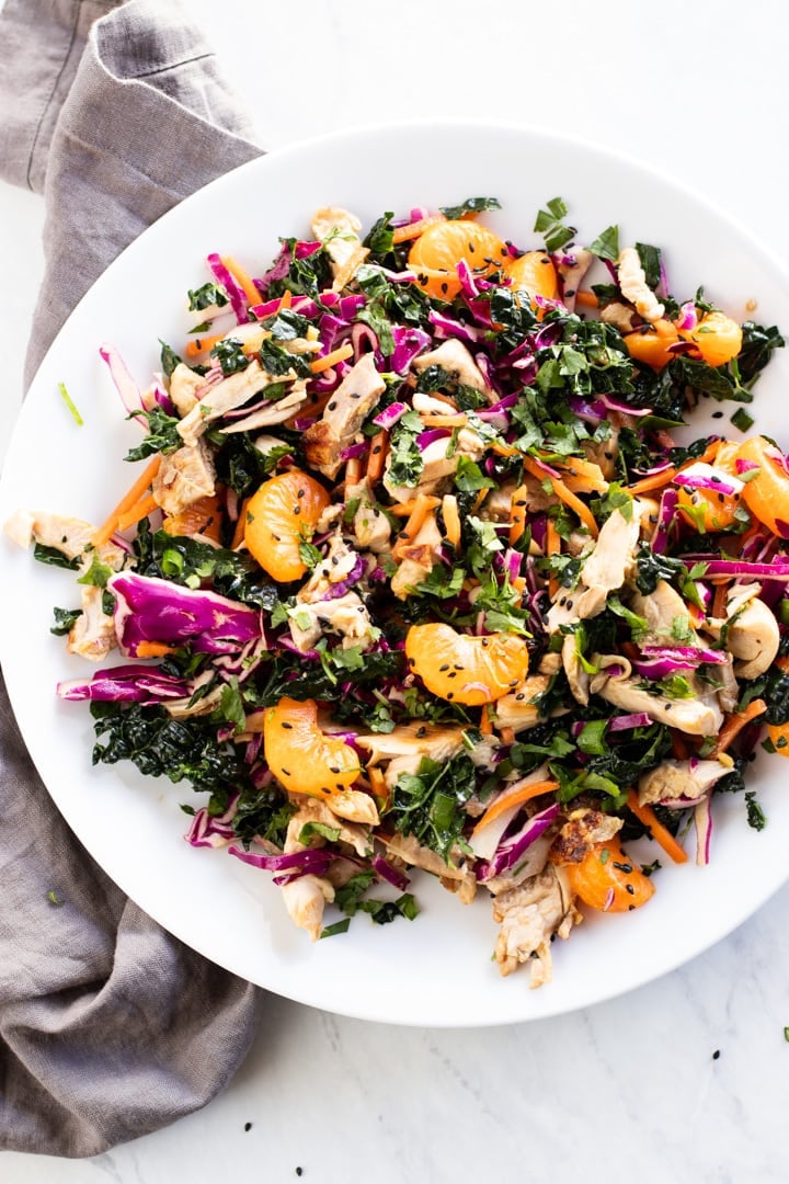 An overhead shot of low FODMAP Chinese chicken salad with mandarin oranges.