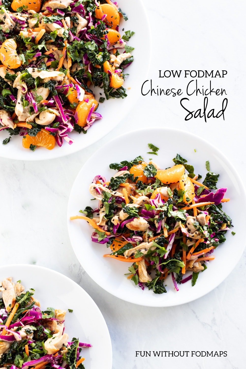 Three plates filled with a colorful chicken salad. Text reads low FODMAP Chinese chicken salad in the upper right. 