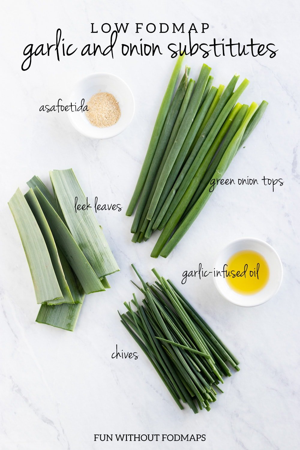 5 low FODMAP garlic and onion substitutes (asafoetida, green onion tops, leek leaves, garlic-infused oil, and chives)