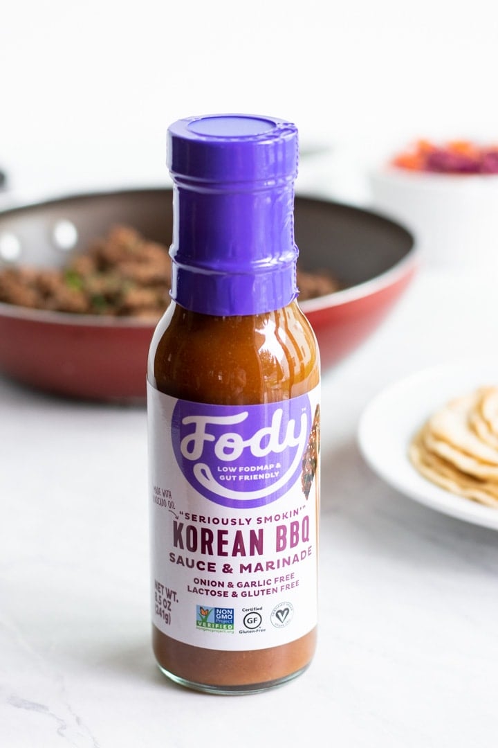 A bottle of FODY Foods Low FODMAP Korean BBQ Sauce and Marinade
