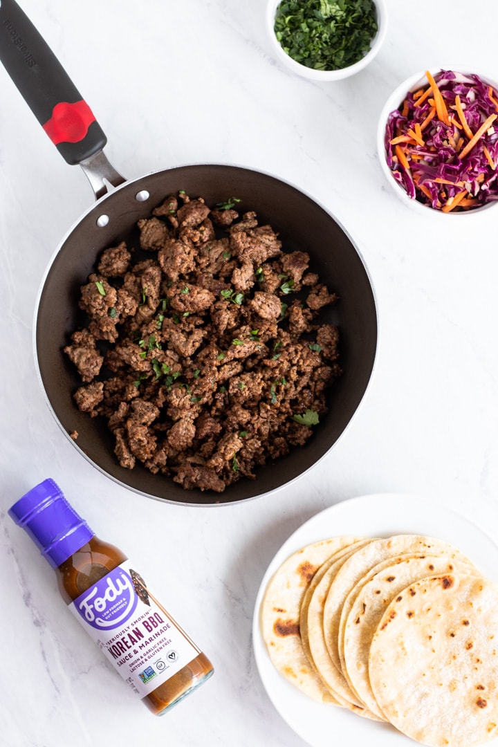 Finished ingredients ready to assemble low FODMAP Korean tacos
