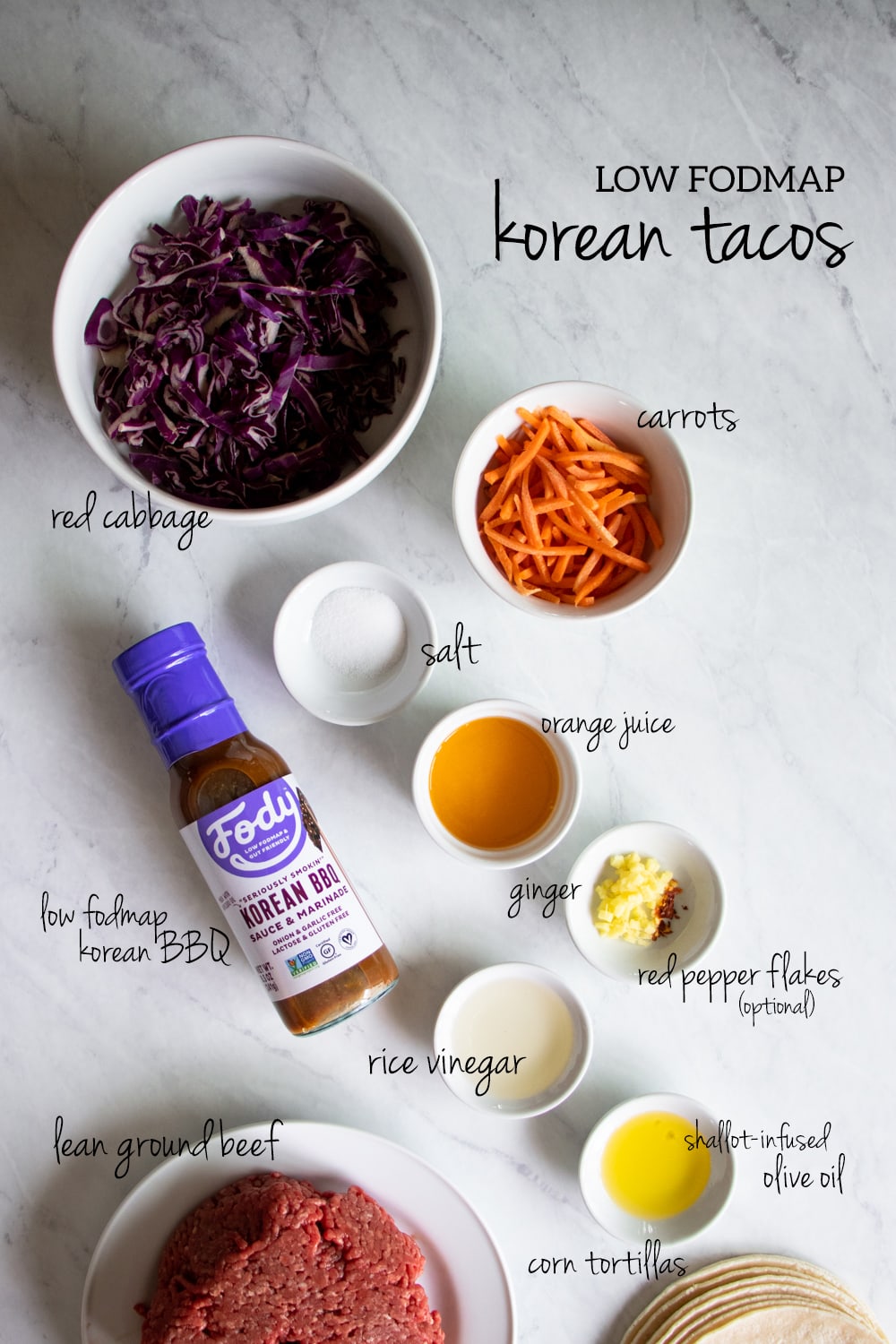 Ingredients needed to make low FODMAP Korean tacos are measured out into individual white containers.
