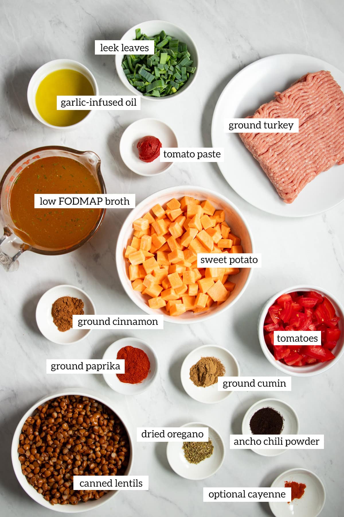 The ingredients needed for this updated version of the low FODMAP chili prepared and measured out into individual containers.