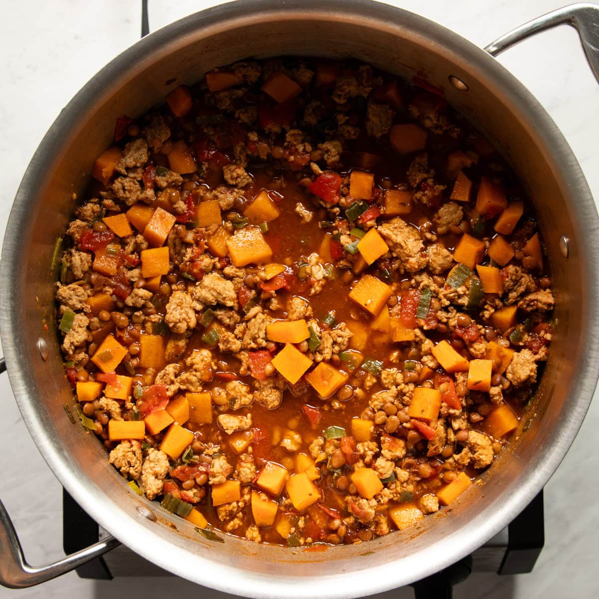 Cooked low FODMAP chili with canned lentils added.