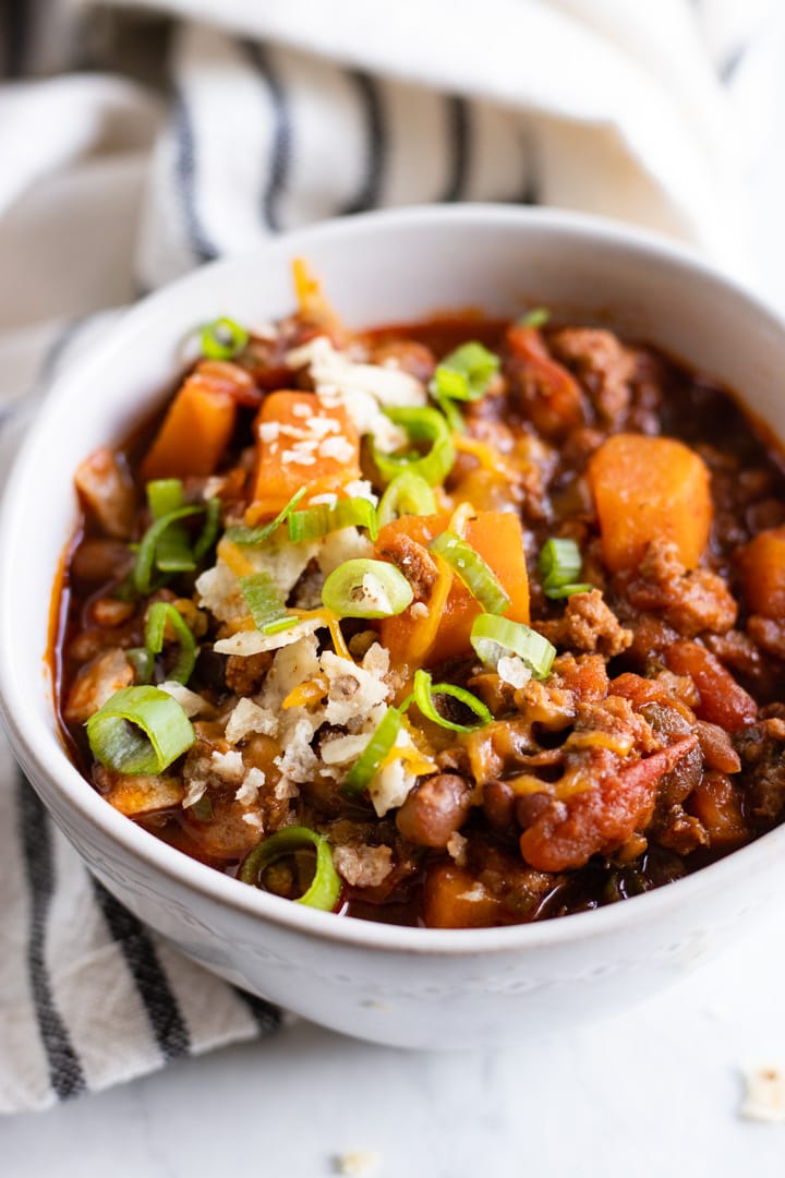 A bowl of low FODMAP turkey chili