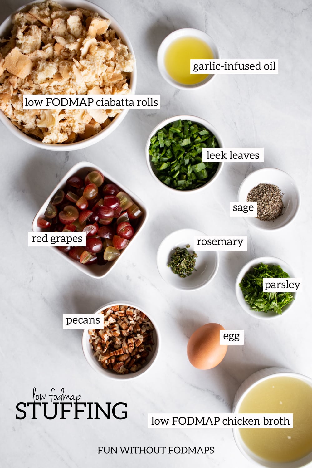 The ingredients needed to make Low FODMAP Stuffing with Grapes are measured out into individual dishes.