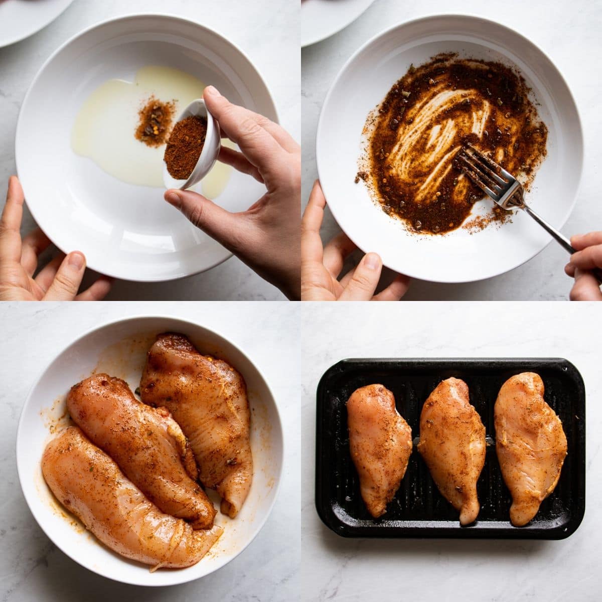Four pictures depicting how to prepare seasoned chicken for the broiler. In the first picture, spices are being added to oil. In the second picture, the oil and spices are mixed together to form a paste. In the third picture, the chicken is rubbed with the spice paste. And, in the final picture, the spiced chicken is placed on an oiled broiler pan.