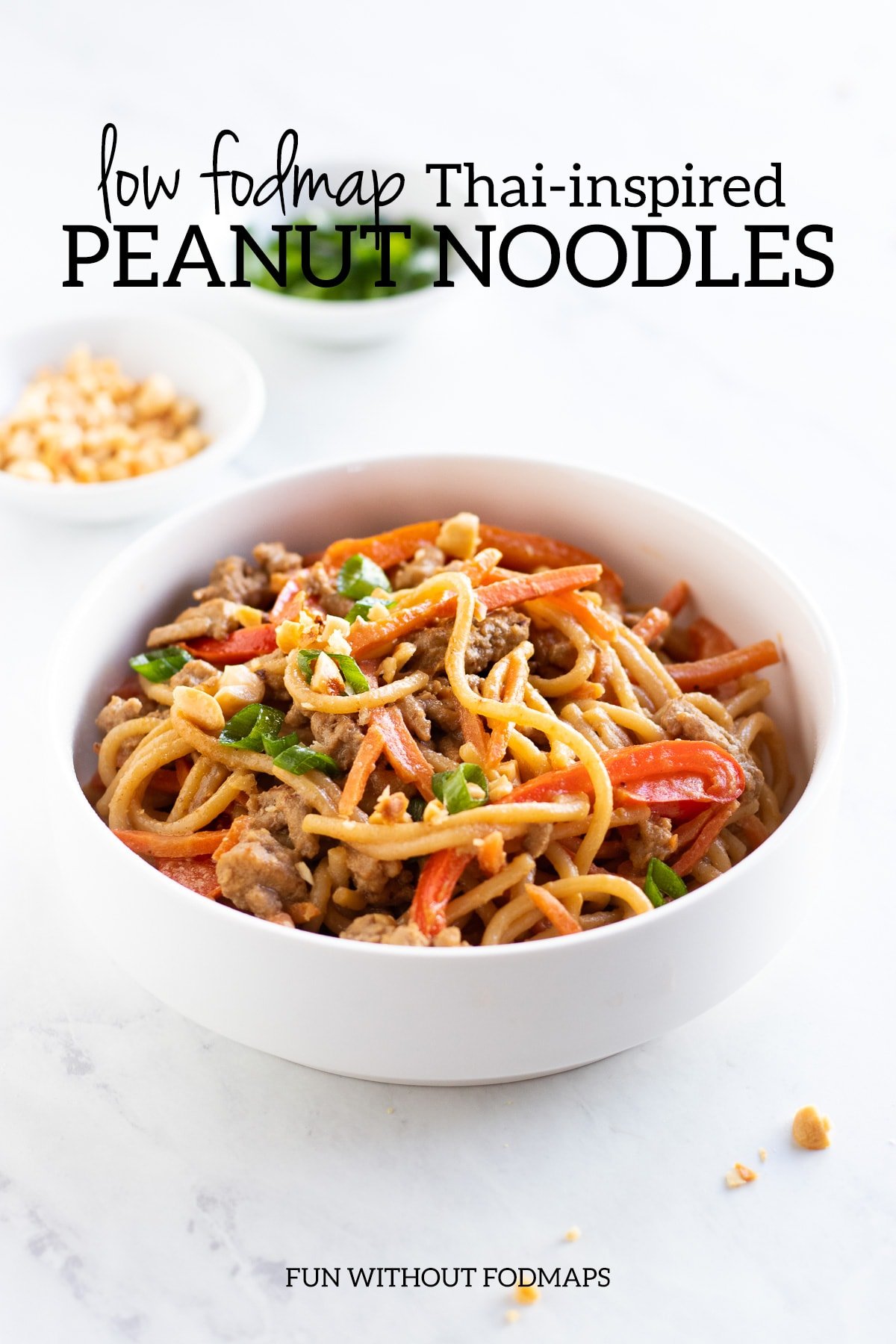 A bowl of spaghetti noodles tossed in a peanut sauce with sauteed red bell pepper slices, carrot matchsticks, and ground turkey. Above, a black text overlay reads "Low FODMAP Thai-inspired Peanut Noodles."