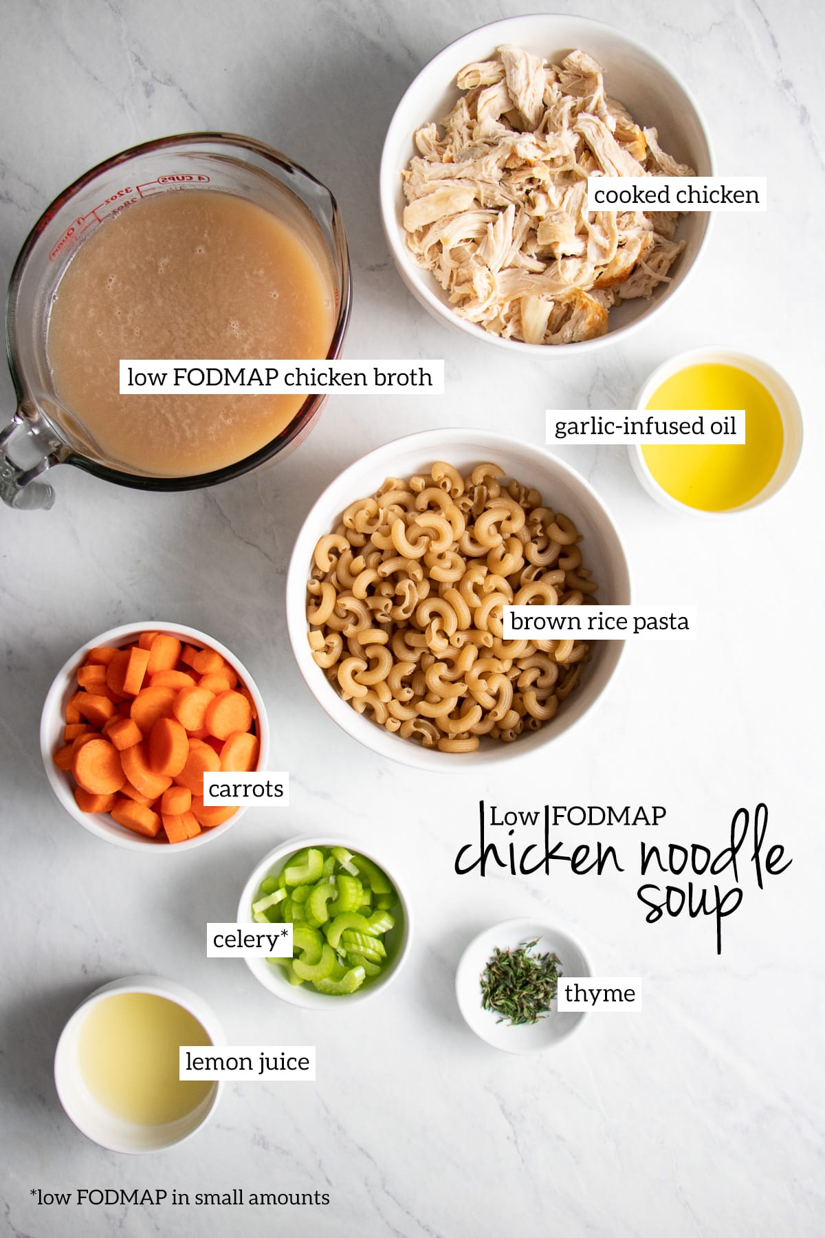 The ingredients needed for this chicken noodle soup are measured out into separate bowls for display.