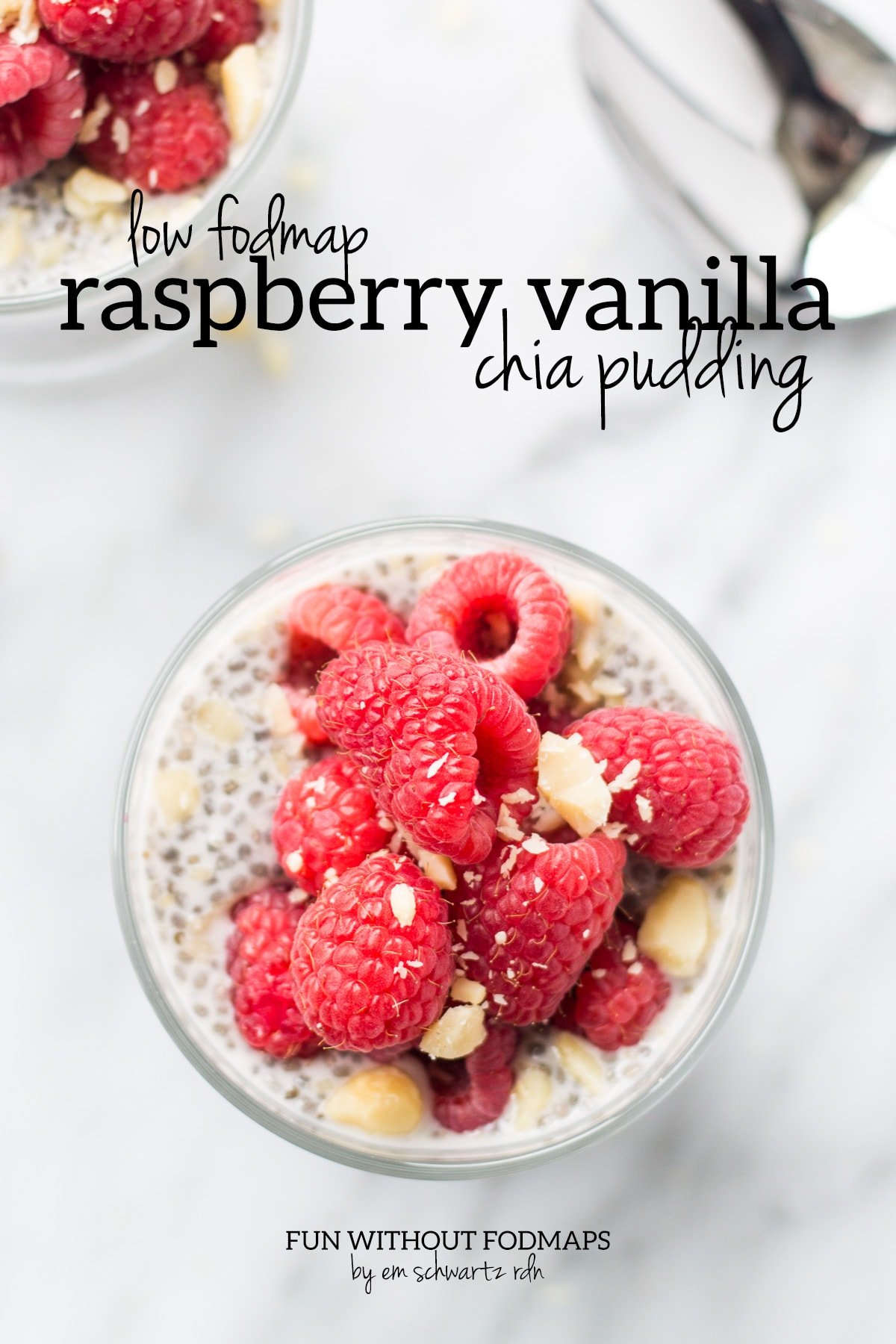 Looking down at a cup filled with chia pudding and topped with fresh raspberries and macadamia nuts. A black text overlay reads "Low FODMAP Raspberry Vanilla Chia Pudding"