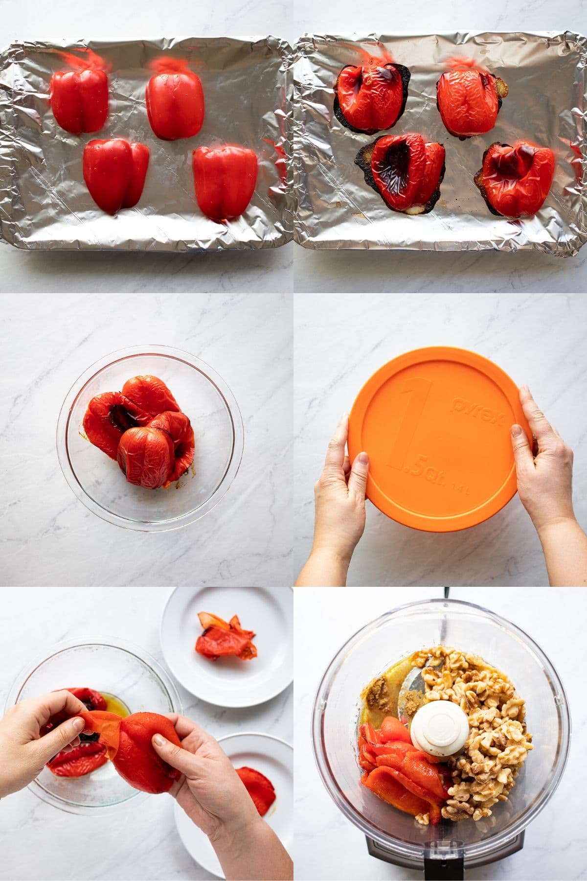 A collage of six photos showing how to roast and peel fresh red bell peppers which are added to a food processor with other dip ingredients in the final photo 