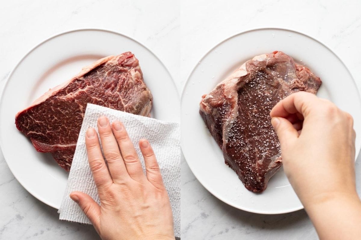 Two images of beef chuck roast being patted dry with a paper towel and then salted with kosher salt