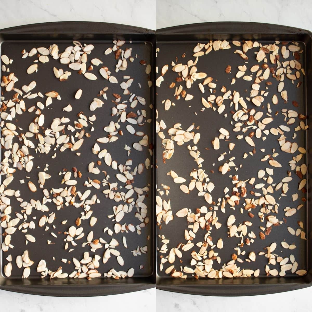 Two images in one photo. On the left is a sheet pan with untoasted sliced almonds. On the right is the same sheet pan with toasted sliced almonds.