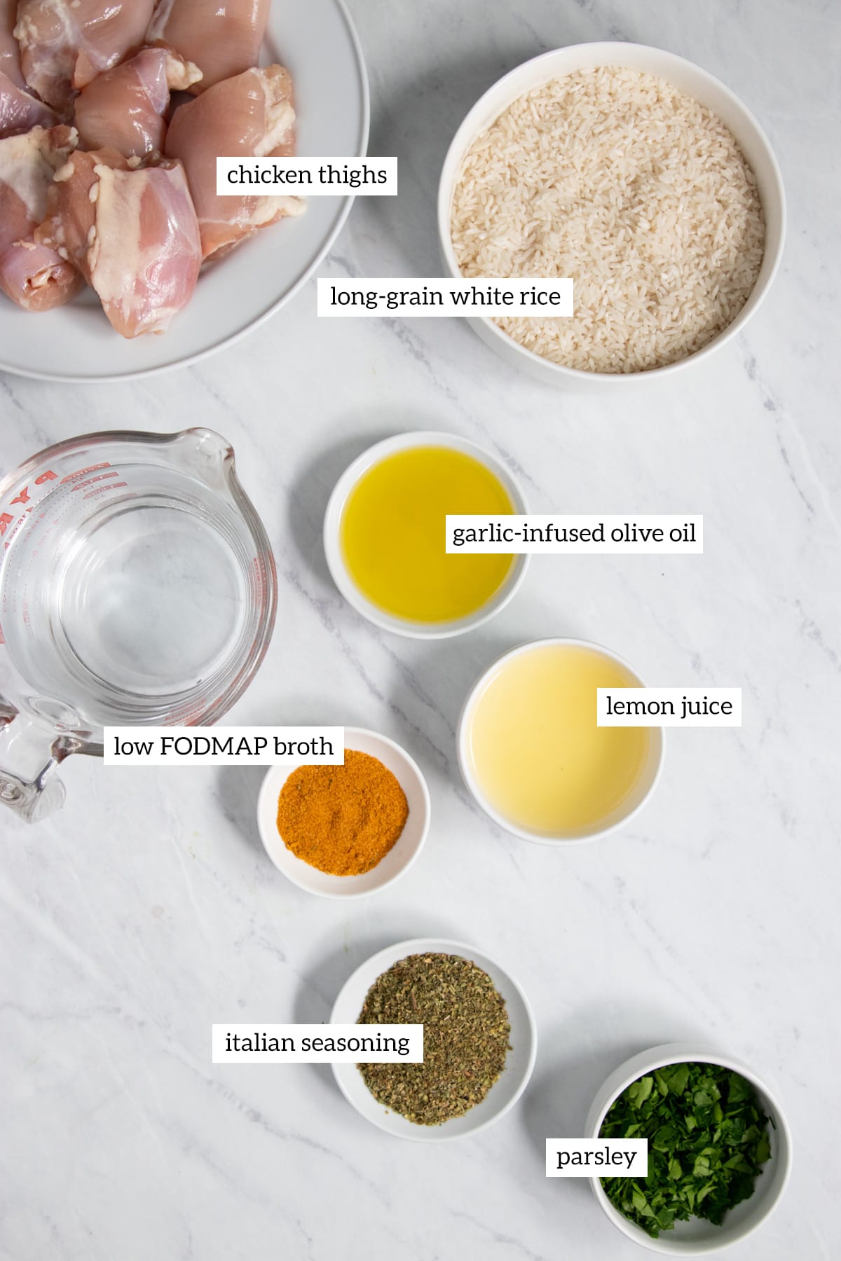 The ingredients needed for low FODMAP lemon chicken and rice are prepared and measured out into individual containers. Small text labels for each ingredient are layered on top of each container.