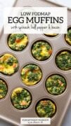 A white text box is overlaid over a muffin tin filled with baked egg cups. In the text box, black text reads "Low FODMAP Egg Muffins with Spinach, Bell Pepper, and Bacon"