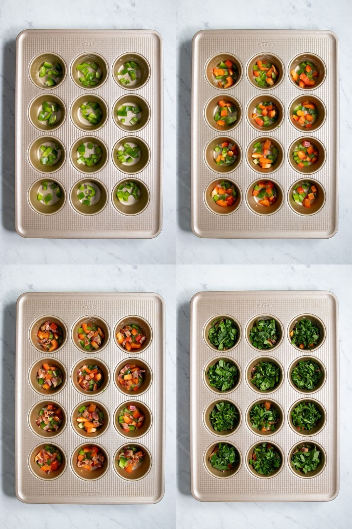 Four pictures in one. Each picture has a muffin tin that gets progressively filled with ingredients. First, chopped green bell pepper. Second, chopped red bell pepper. Third, cooked and crumbled bacon. Fourth, chopped spinach.