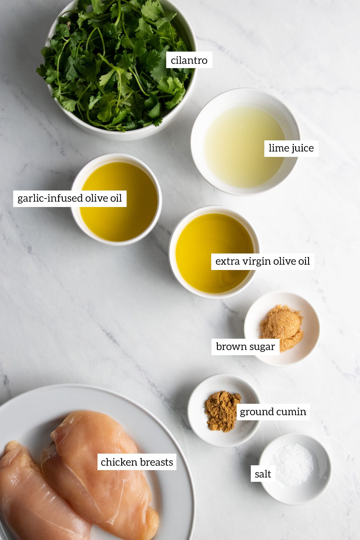 Ingredients needed for Low FODMAP Cilantro Lime Chicken in individual bowls.