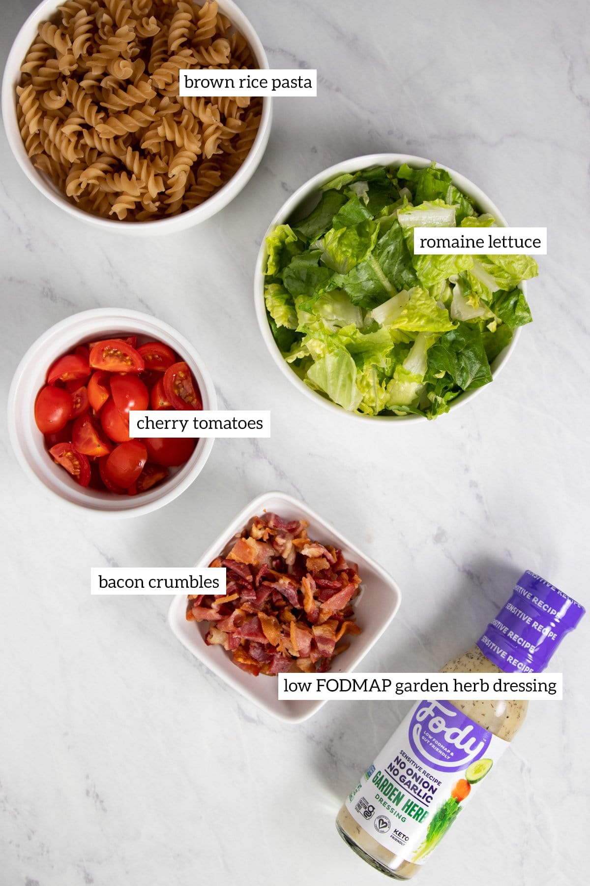 Ingredients needed for BLT Pasta Salad measured out into individual containers.