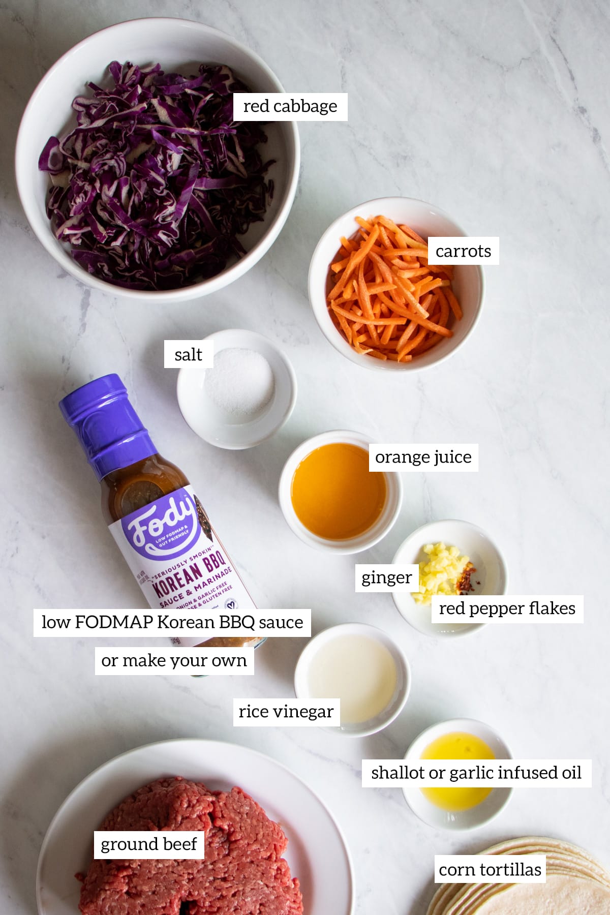 The ingredients needed to make Low FODMAP Korean Tacos are prepared and measured out into individual dishes.