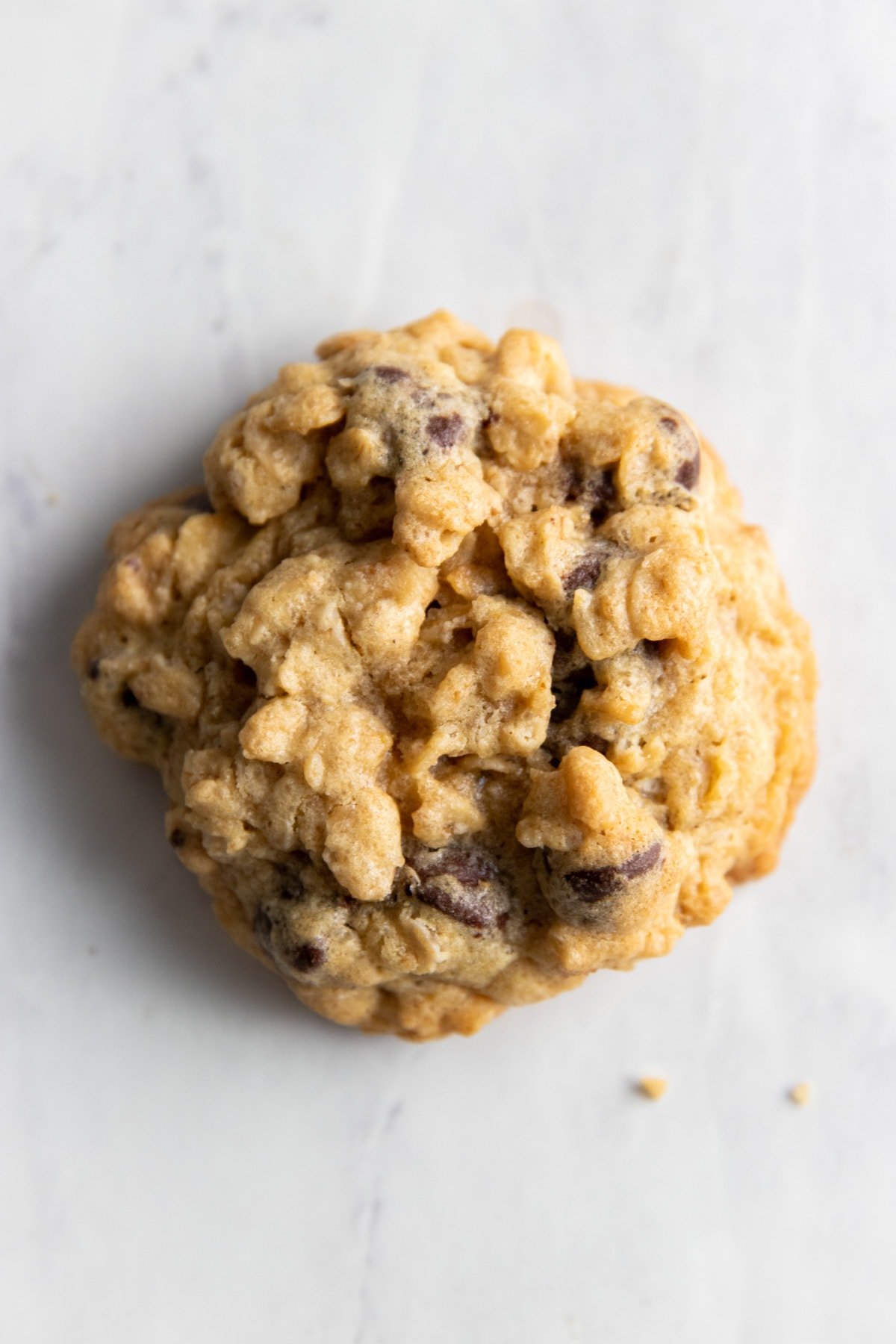 A single low FODMAP oatmeal cookie with chocolate chips on a marble counter. 