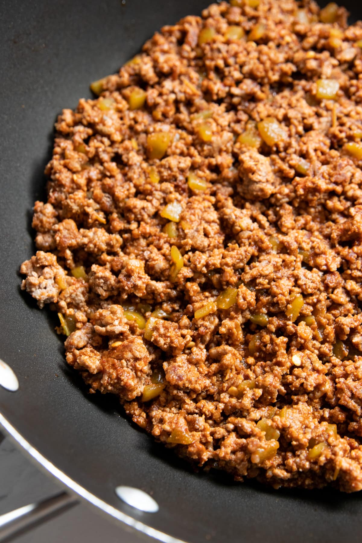 Taco meat in a skillet.