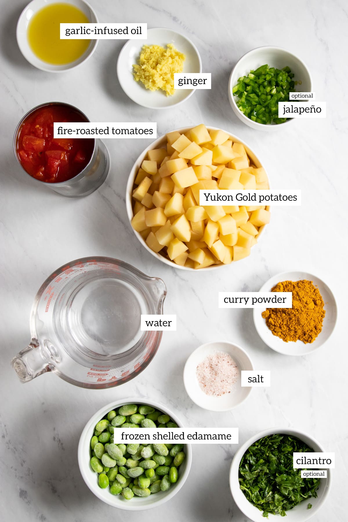 Ingredients needed for this vegetarian low FODMAP curry recipe are prepared and measured out into individual dishes.