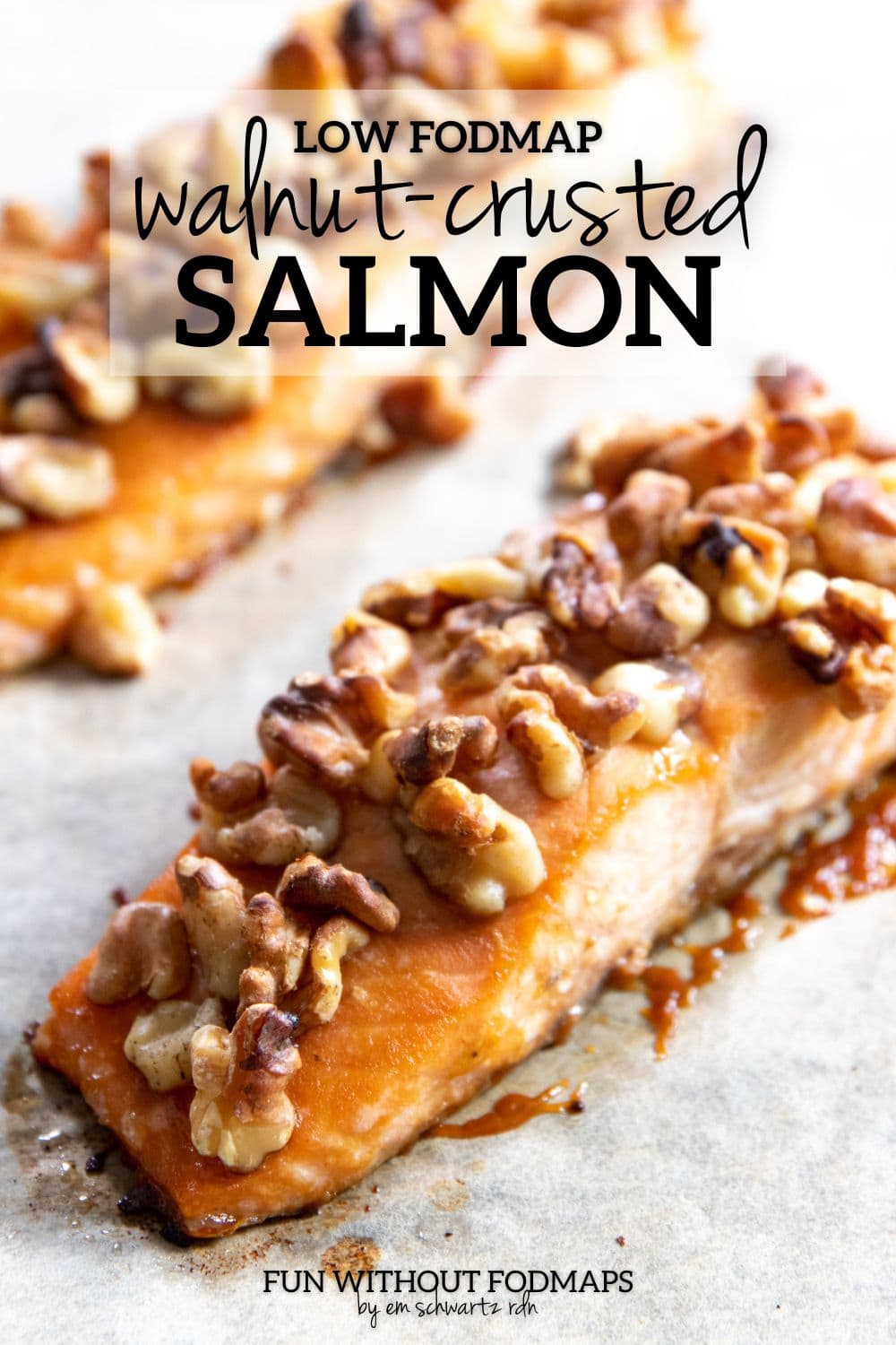 A baked salmon fillet topped with toasted walnuts. A black text overlay reads "Low FODMAP Walnut-Crusted Salmon."