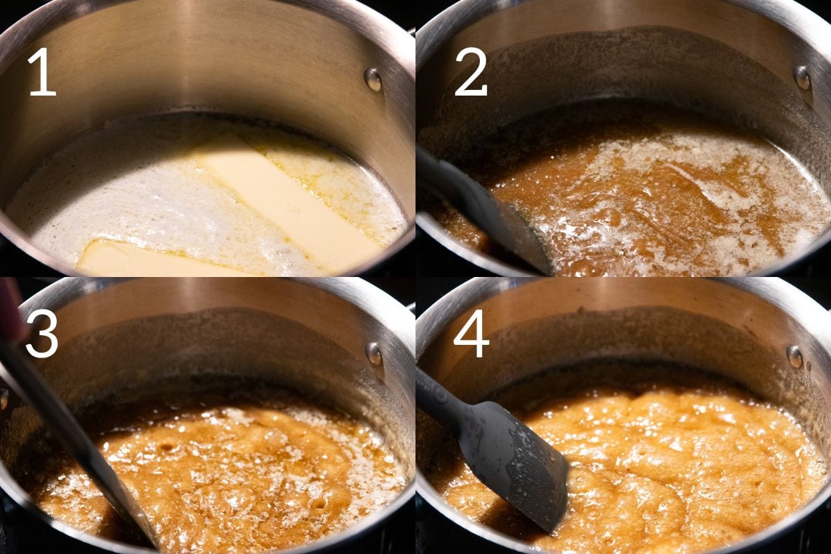 Four pictures in one showing the progression of making homemade toffee in a saucepan. First shows butter melted. Second shows melted butter mixed with brown sugar. Third shows butter-sugar mixture starting to bubble. Four pictures shows butter-sugar mixture bubbling and thickening to a caramel-like consistency.