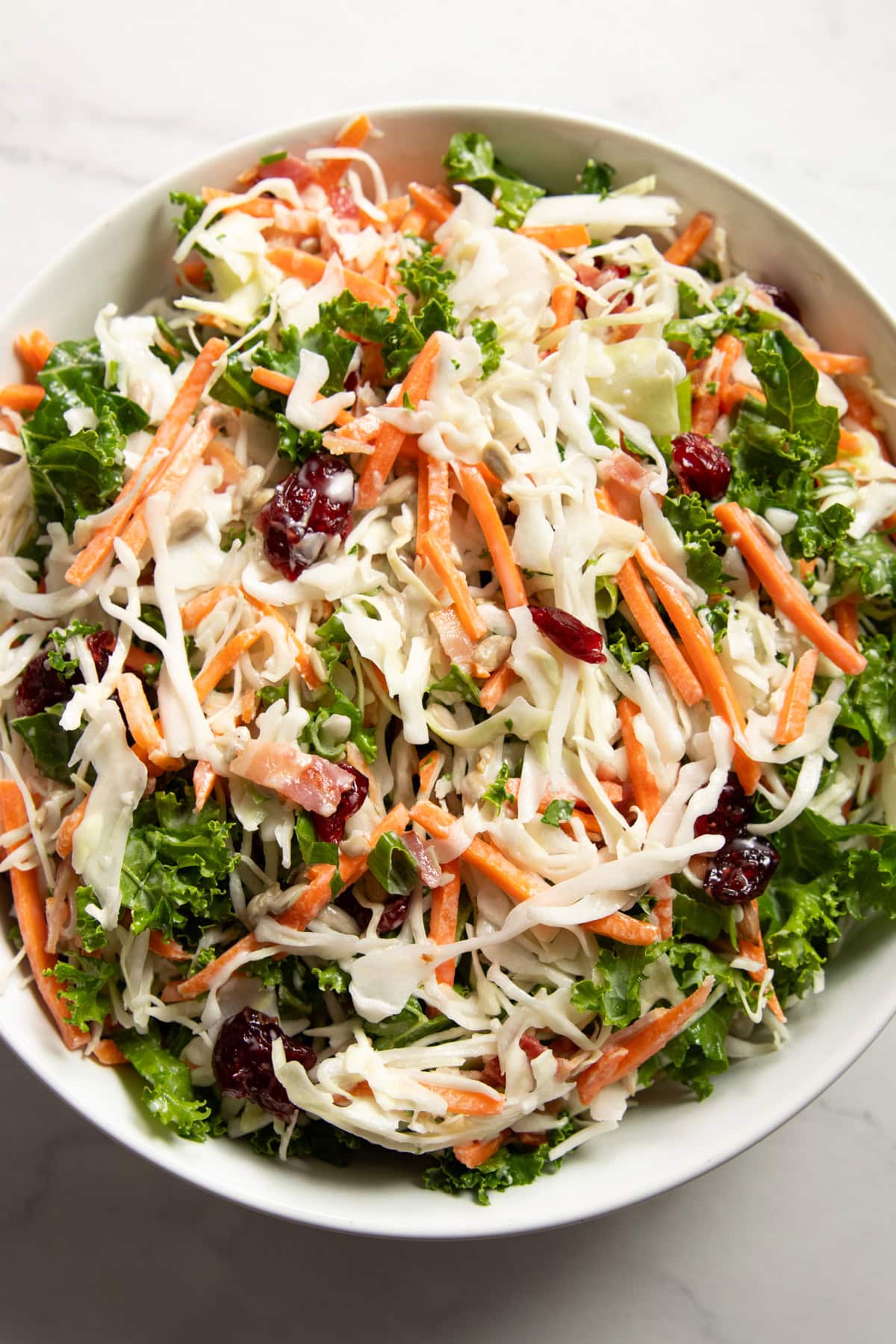 A close up of a salad made of shredded green cabbage, carrot matchsticks, shredded kale, dried cranberries, sunflower seeds, bacon bits, and a mayonnaise-based dressing.