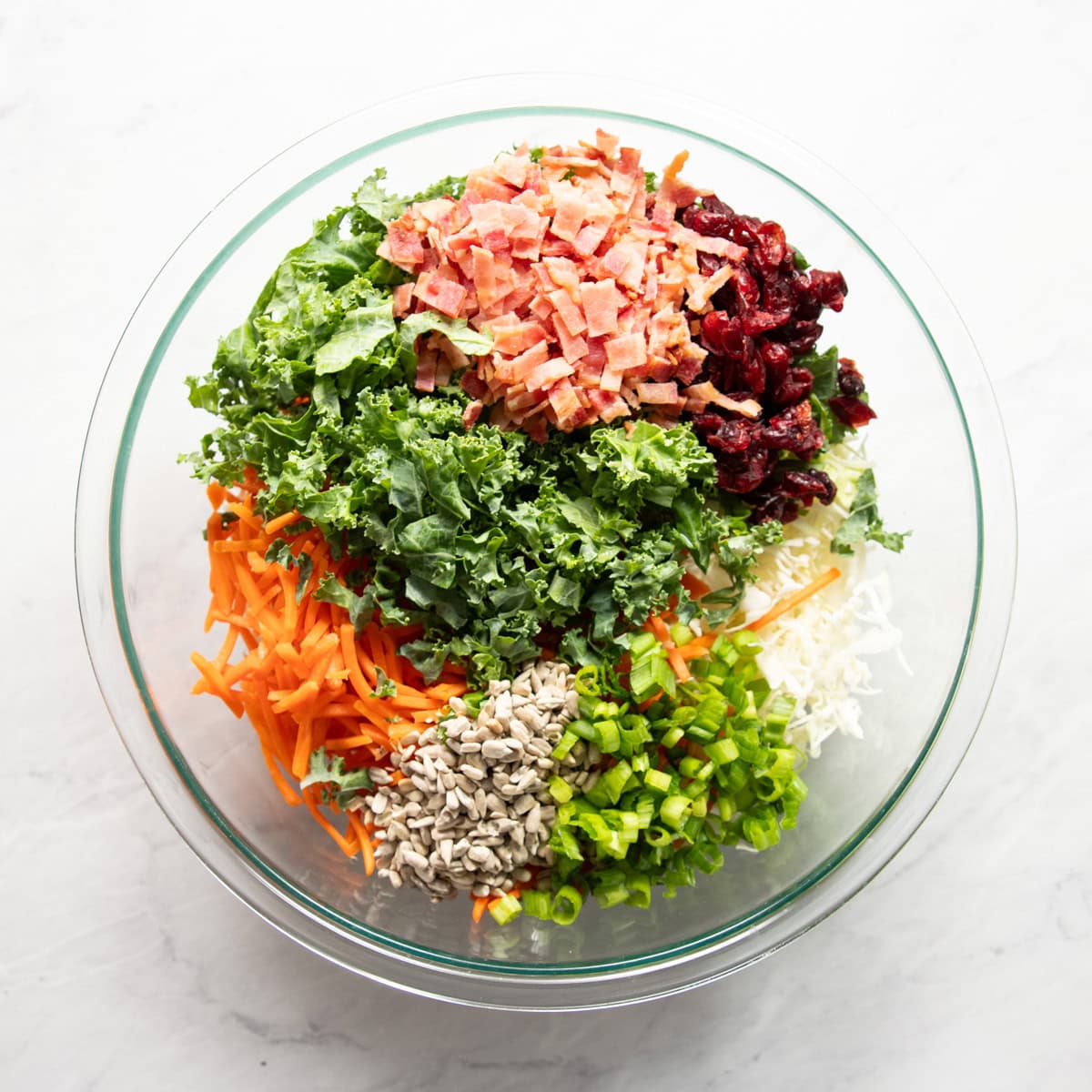 Shredded cabbage, kale, carrots, sliced green onion tops, dried cranberries, bacon bits, and sunflower seeds are in a large bowl ready to be mixed with a mayonnaise-based dressing.