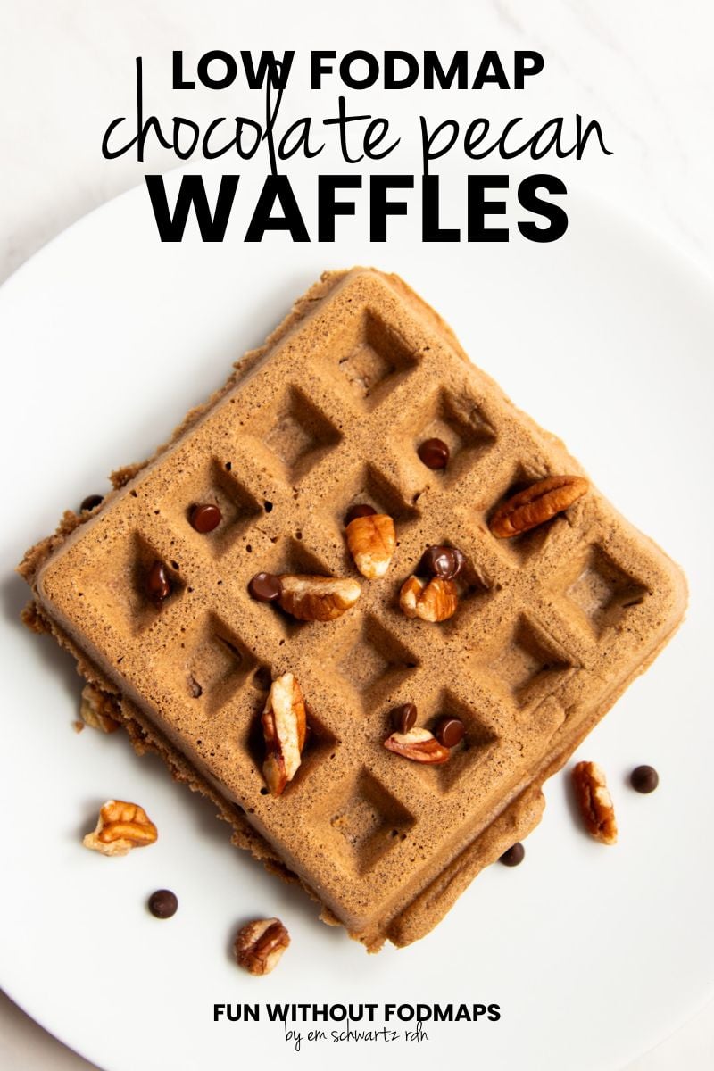 A single chocolate waffle on a plate. It's topped with mini chocolate chips and chopped pecans. In the white space above the plate, black text reads "Low FODMAP Chocolate Pecan Waffles."