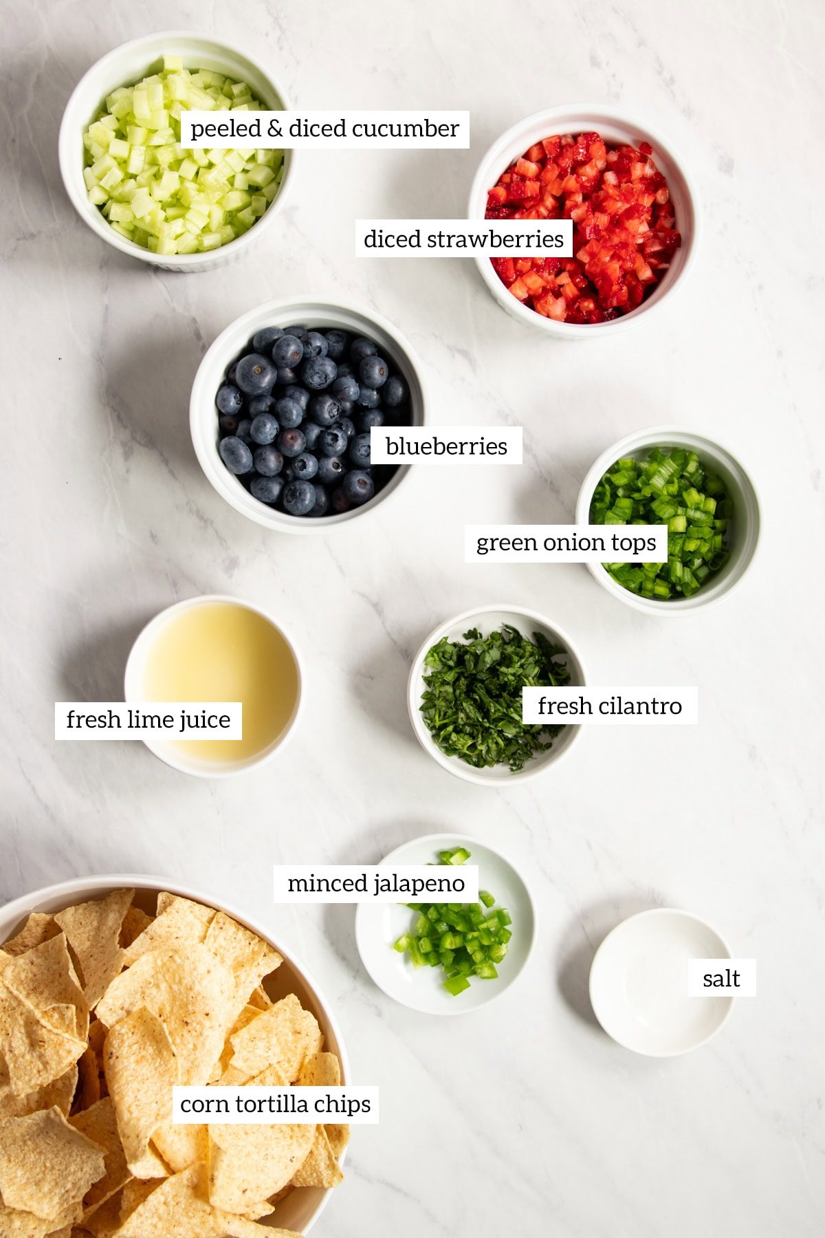 Ingredients needed for Low FODMAP Blueberry, Strawberry, and Cucumber Salsa are prepared and measured out into individual dishes ready for mixing.